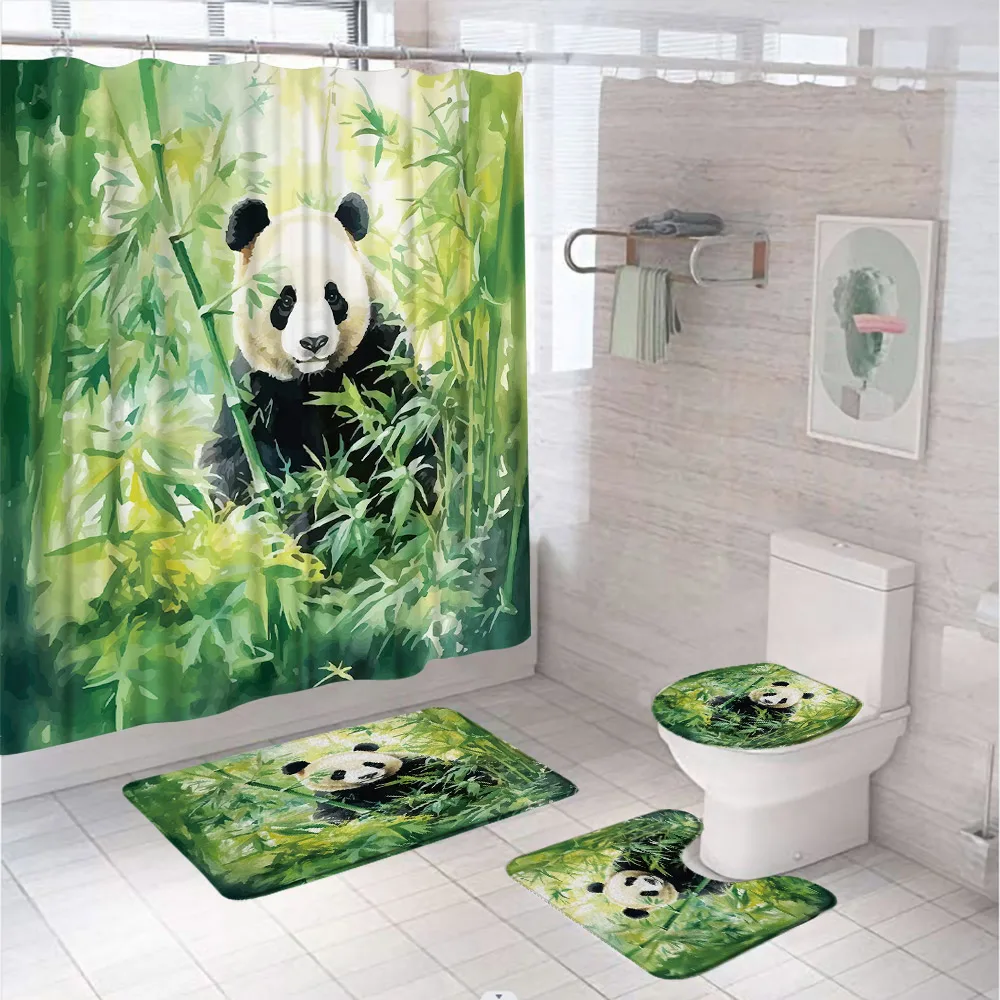 Bamboo Bath Mat - 竹製シャワーカーテンセット,バスルーム,かわいいパンダ,面白い,野生動物,植物,動物,バスマット,ラグ,トイレカバー,水彩グリーン,4個