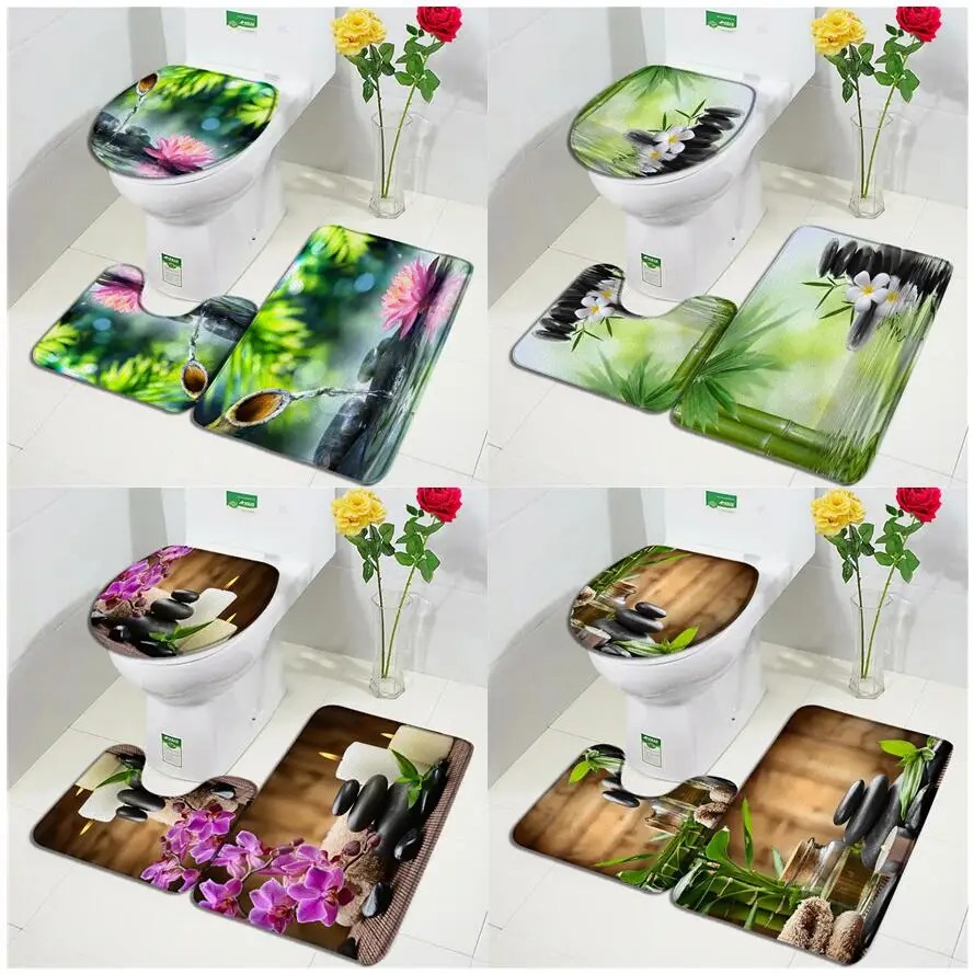 Bamboo Bath Mat - 竹禅グリーンバスマットセット,蘭蓮マッサージ石,アジアンスパドアパッド,滑り止めラグ,トイレカバーマット,モダンなバスルーム装飾